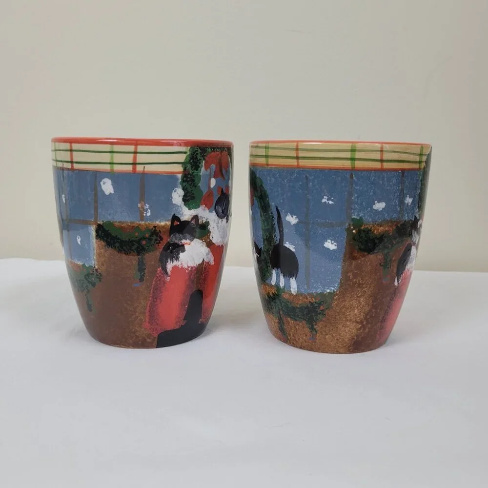 Two Oneida Cat Friends Mugs 20oz, Earthenware Christmas kitten cups Hand Painted